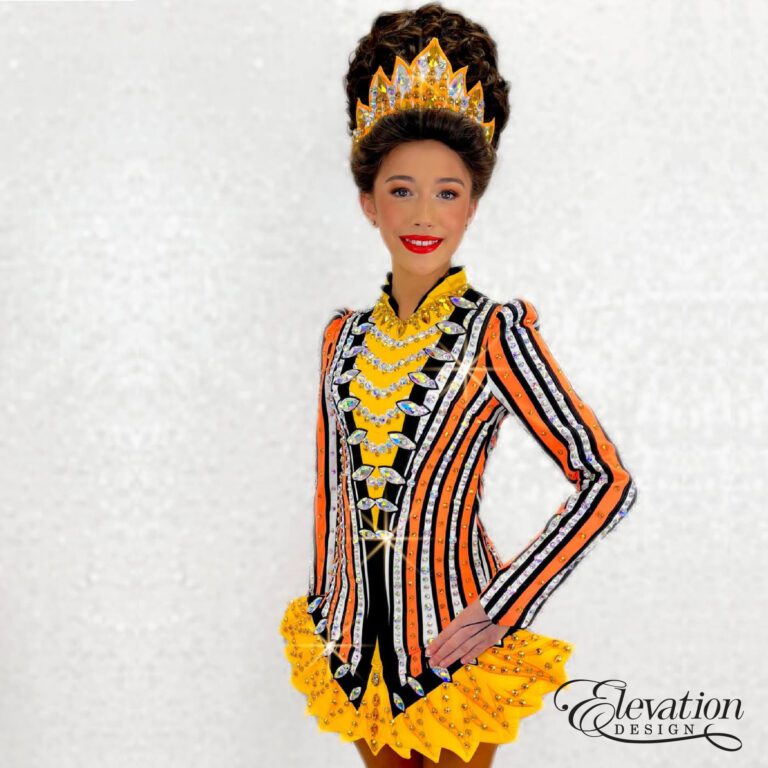 Orange, Yellow and Black Irish Dancing Solo dress by Elevation Design